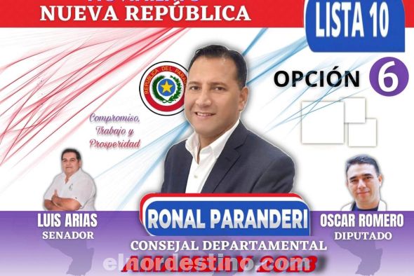 El abogado Ronal Augusto Paranderi Román Lista 10 Opción 6 es una de las alternativas que ofrece la grilla de candidatos a la Junta Departamental de Amambay. Sería la primera vez que el profesional del Derecho accediese al poder público. (Flyer: Gentileza).